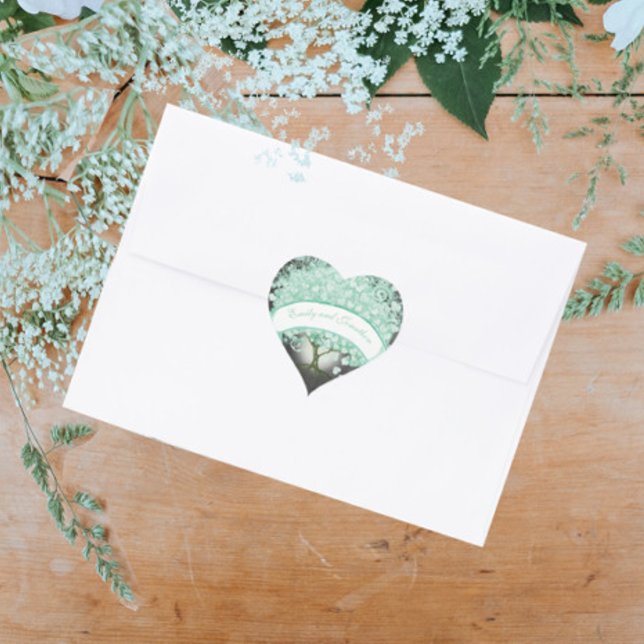 Adesivo Coração Selo de Casamento Floral de Mint e Blue (Criador carregado)
