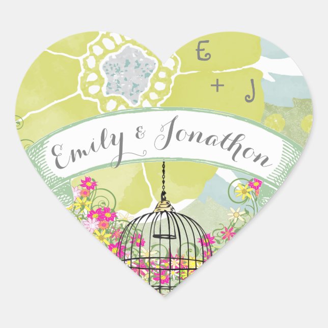 Adesivo Coração Selo de Casamento Floral Rosa e Amarelo (Frente)