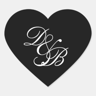 Adesivo Coração Selo de Coração de Casamento Monograma Preto/Branc