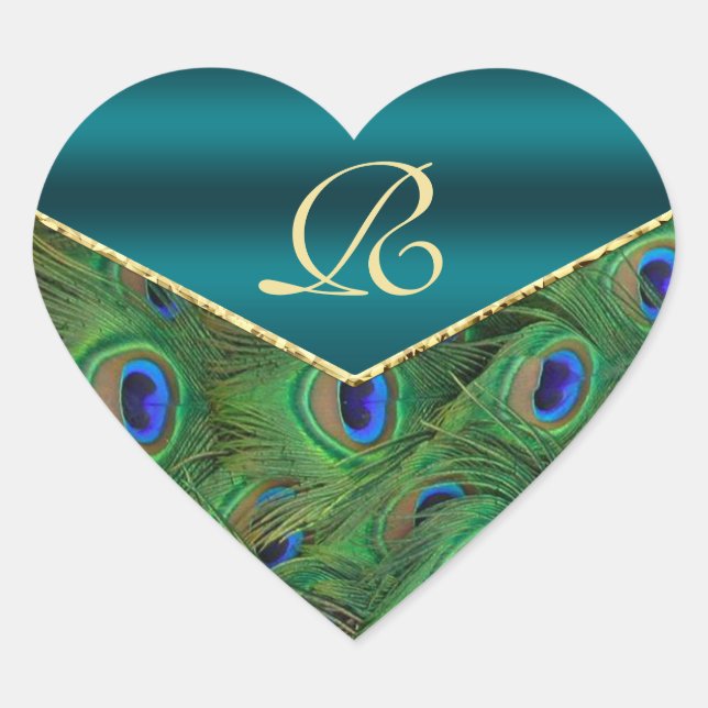Adesivo Coração Selo de Envelope de Peacock Teal Monograma (Frente)