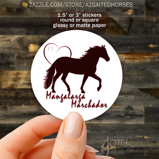Adesivo Coração Silhueta Cavalo Mangalarga Marchador (Round sticker with Mangalarga Marchador horse silhouette, heart outline, text “Mangalarga Marchador")