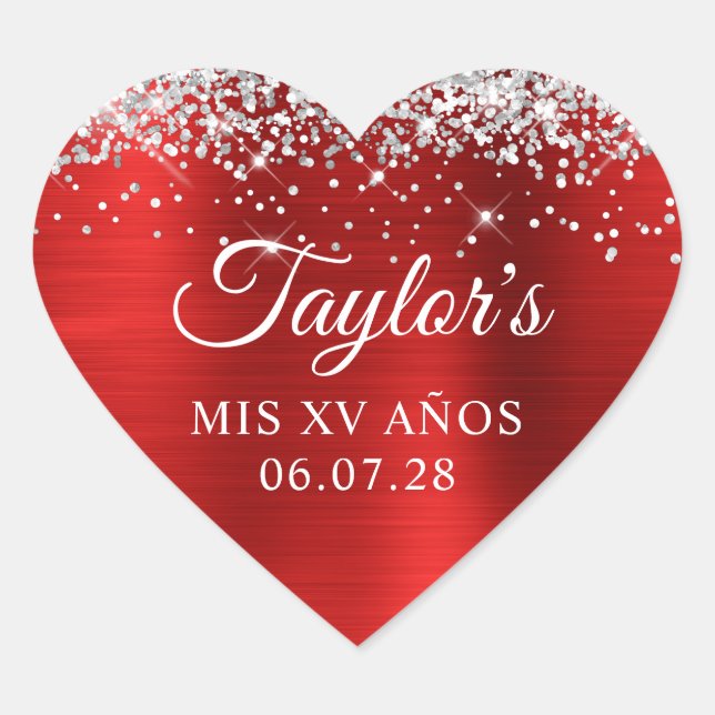 Adesivo Coração Silver Glitter Red Foil Mis XV Anos Aniversário (Frente)