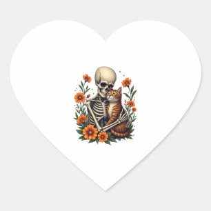 Adesivo Coração Skeleton Abrindo Gatos Florais De Dia das Bruxas