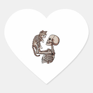 Adesivo Coração Skeleton segurando um gato preguiçoso no Halloween