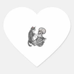 Adesivo Coração Skeleton segurando um gato preguiçoso no Halloween
