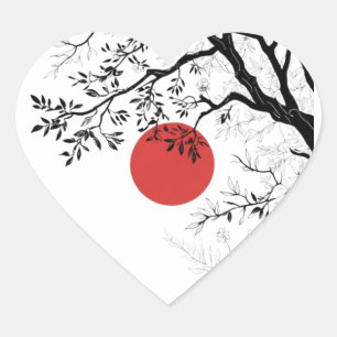 Adesivo Coração Sol Vermelho Japonês e Arte de Árvore com Pincel