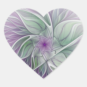 Adesivo Coração Sonho de Flor, Arte Fractal Abstrata Roxa Verde