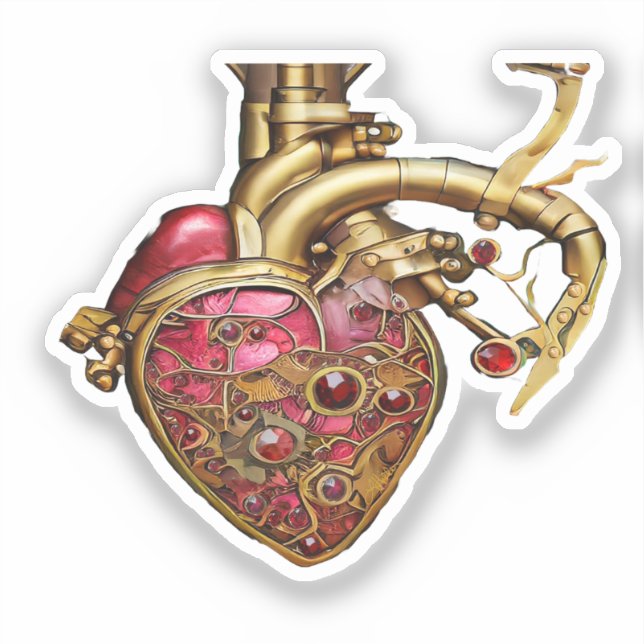 Adesivo Coração Steampunk Rubis Anatômicos e Engrenagens (Frente)