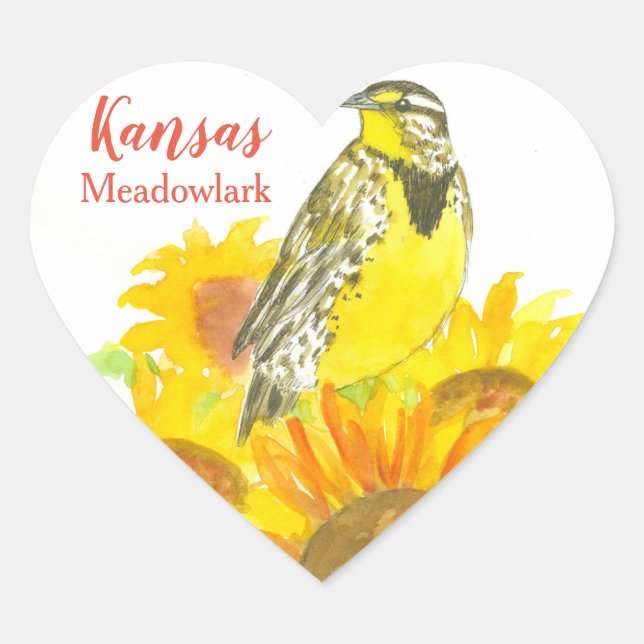 Adesivo Coração Sunflower Meadowlark Bird Yellow Kansas (Frente)