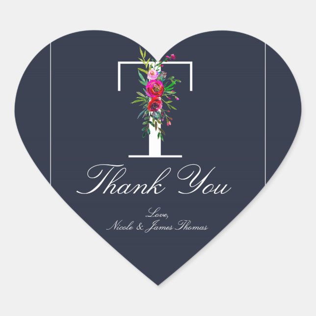 Adesivo Coração T Monograma Último Casamento Floral Azul Moderno I (Frente)