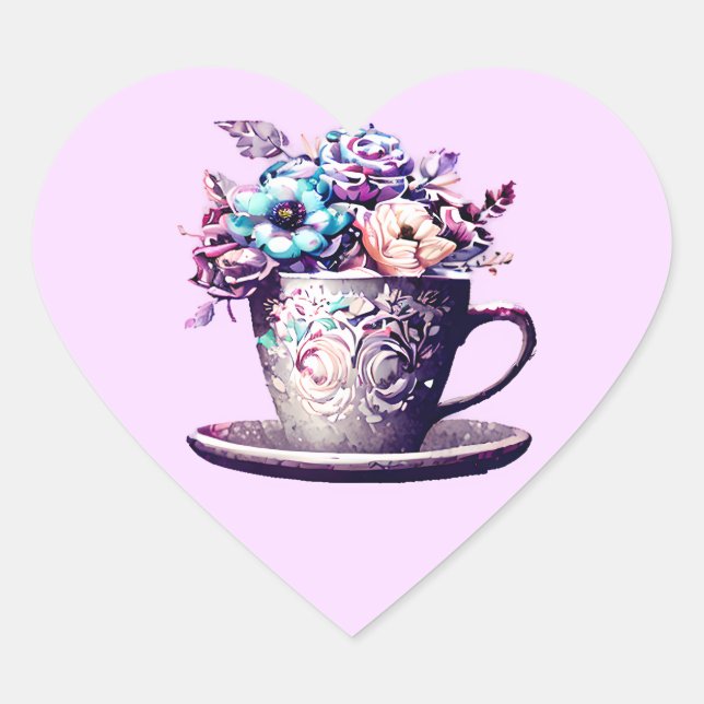 Adesivo Coração Teacup bonito com Flores (Frente)