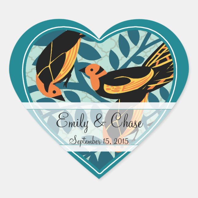 Adesivo Coração Teal Art Deco Adorava Pássaros Sentados em Casamen (Frente)
