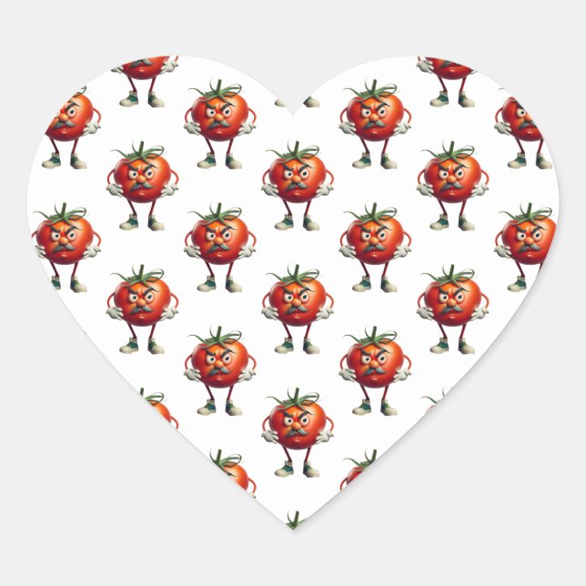 Adesivo Coração Tomate de desenho animado com bigode e armas (Frente)