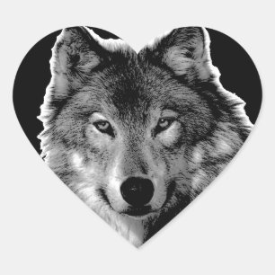 Adesivo Coração Trabalho de arte do Lobo Negro e Branco