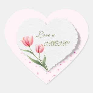 Adesivo Coração Tulipas Rosa Amo Você Mamãe Coração de Papel Flora