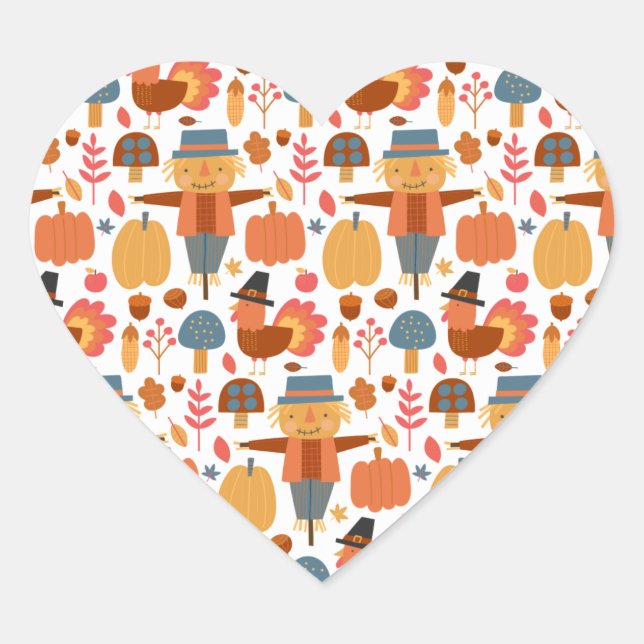 Adesivo Coração Turquia e Espantalho Padrão de Ação de Graças (Frente)