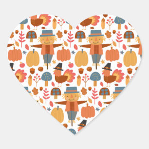 Adesivo Coração Turquia e Espantalho Padrão de Ação de Graças