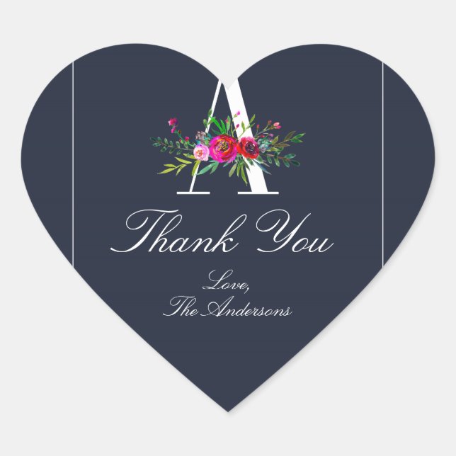 Adesivo Coração Um Monograma Último Casamento Floral Azul Moderno  (Frente)