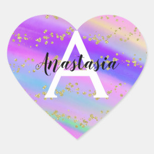 Adesivo Coração Unicórnio Colorido Arco-Íris Dourado Glitter Monog