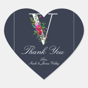 Adesivo Coração V Monograma Última Inicial Moderno Azul Floral Cas