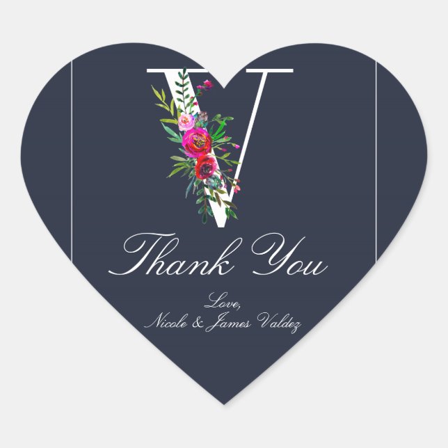 Adesivo Coração V Monograma Último Casamento Floral Azul Moderno I (Frente)