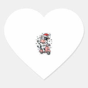 Adesivo Coração Vaca de Natal Andando de Scooter Rosa Vetor Vintag