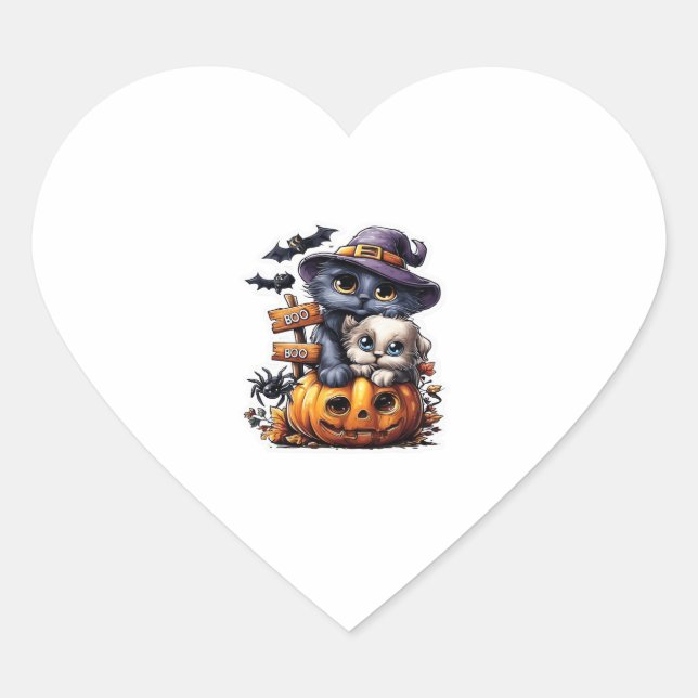 Adesivo Coração Vestido de Gato de Halloween - Chapéu de Bruxas, A (Frente)