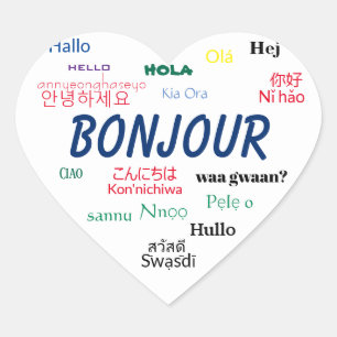 Adesivo Coração Viagem do mundo das línguas de Bonjour olá!