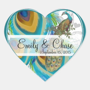 Adesivo Coração Vinheta de Casamento de Penas de Peacock Cinza Aqu