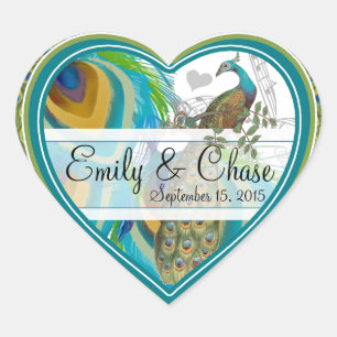 Adesivo Coração Vinheta de Casamento de Penas de Peacock Cinza Aqu
