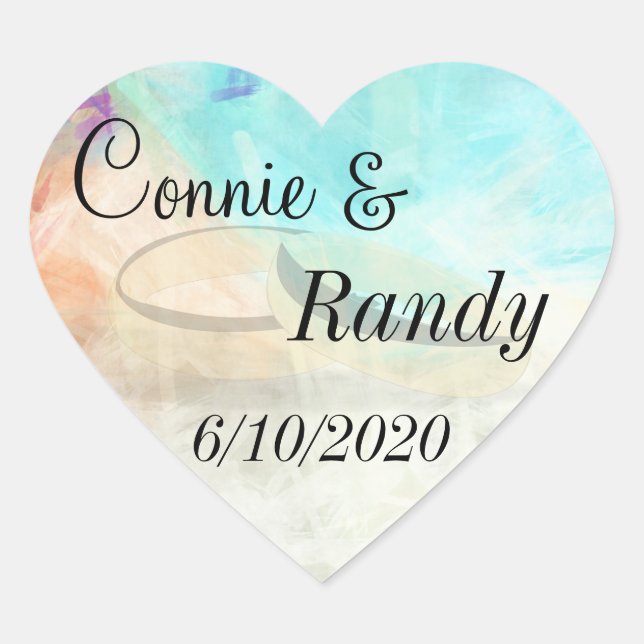 Adesivo Coração Vinheta de Casamento de Praia Monograma com Anéis  (Frente)