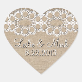 Adesivo Coração Vinheta de Data de Casamento Burlap e Lace Shabby
