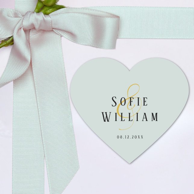 Adesivo Coração Vinheta verde de data para nomes simples elegantes (Criador carregado)