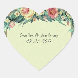 Adesivo Coração Vinhetas de Casamento Floral Verde e Rosa