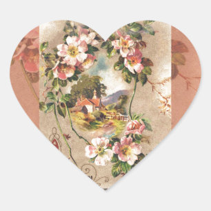 Adesivo Coração Vintage Birthday Card Saudações Floral Paisagem