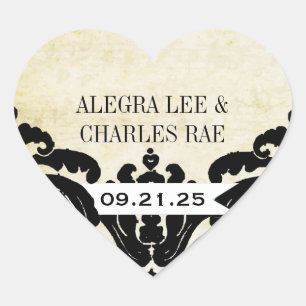Adesivo Coração Vintage Black Casamento tema damasco Sticker