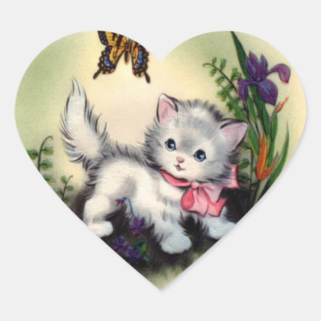 Adesivo Coração Vintage Kitten Sticker (Frente)