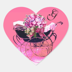 ADESIVO CORAÇÃO VINTAGE PRAM , FLOWER CHÁ DE FRALDAS HEART MONOGR