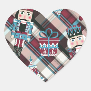 Adesivo Coração Xadrez de Nozes de Natal Blue Burgundy