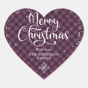 Adesivo Coração Xadrez roxa Caligrafia neve Feliz Natal