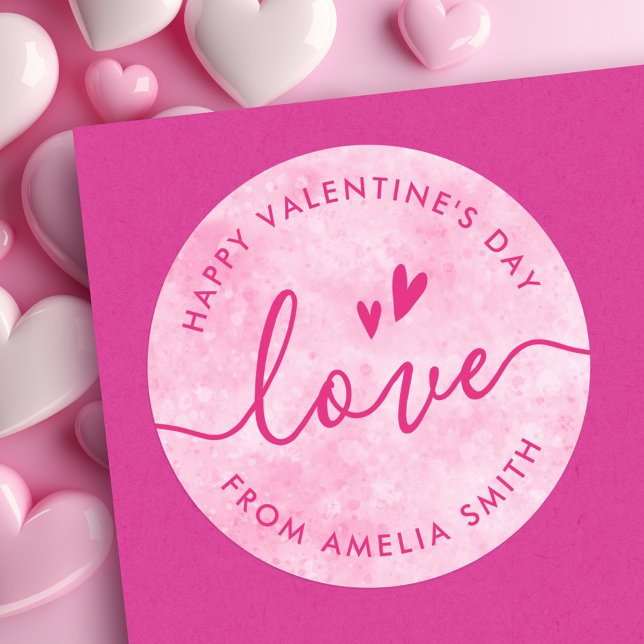 Adesivo Corações cor-de-rosa com script elegante dia de os (Valentine's Day elegant script pink hearts Classic Round Sticker)