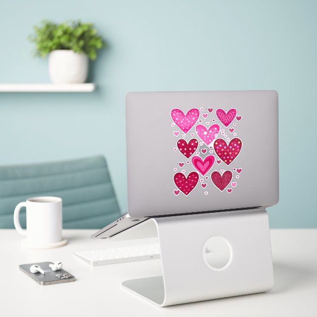 Adesivo Corações Cor-de-Rosa e Vermelhos com Padrões (Laptop na mesa)