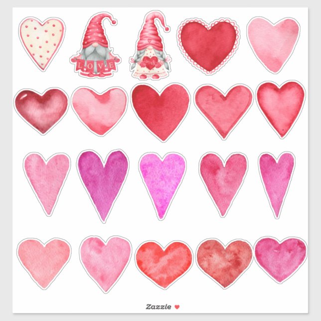 Adesivo Corações de Aquarelas e Dois Gnomos (Folha)