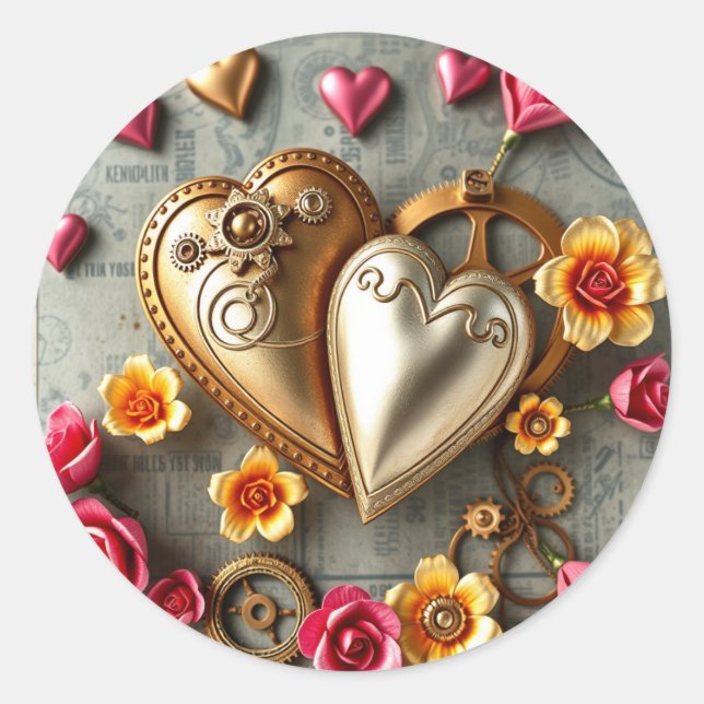 Adesivo Corações de Ouro, Flores Rosa e Amarelo Steampunk (Frente)