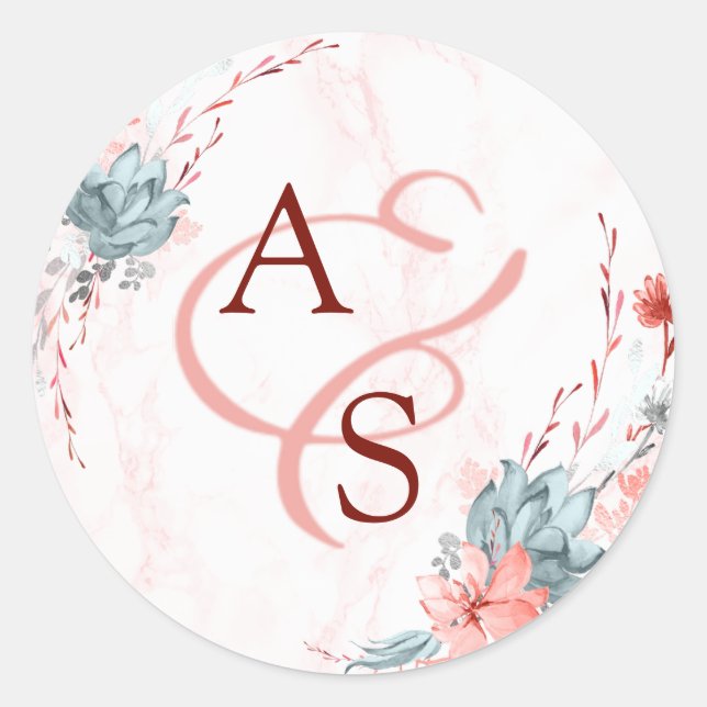 Adesivo Coral Floral Marble Monograma Seal de Casamento (Frente)