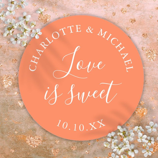 Adesivo Coral Love É Bonito Favor De Casamento (Coral Love Is Sweet Wedding Favor Classic Round Sticker)