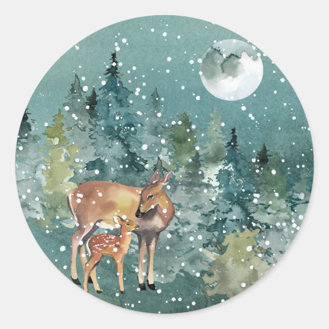 Adesivo Corça e Cervo no Bosque Neve Lua Cheia (Frente)