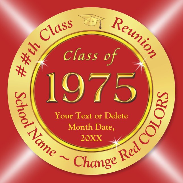 Adesivo CORES baratas, vermelhas e Douradas, classe de 197 (Class of 1975 stickers. Class of 75 decorations. Red Gold, Class of 1975 reunion ideas. 1975 Sticker)