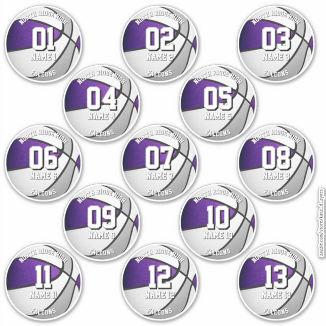 Adesivo cores da equipe roxo cinza 13 jogadores de basquet (Frente)