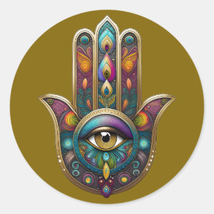 Adesivo Cores de Pavão Hamsa com Terceiro Olho Dourado